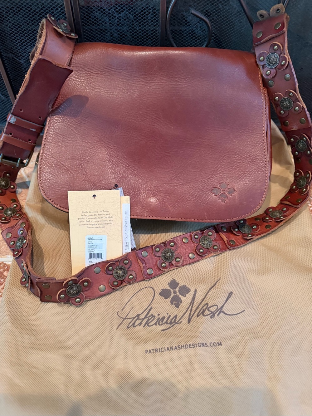 Patricia Nash Cognac Distressed Leather Crossbody with Studded Floral Strap